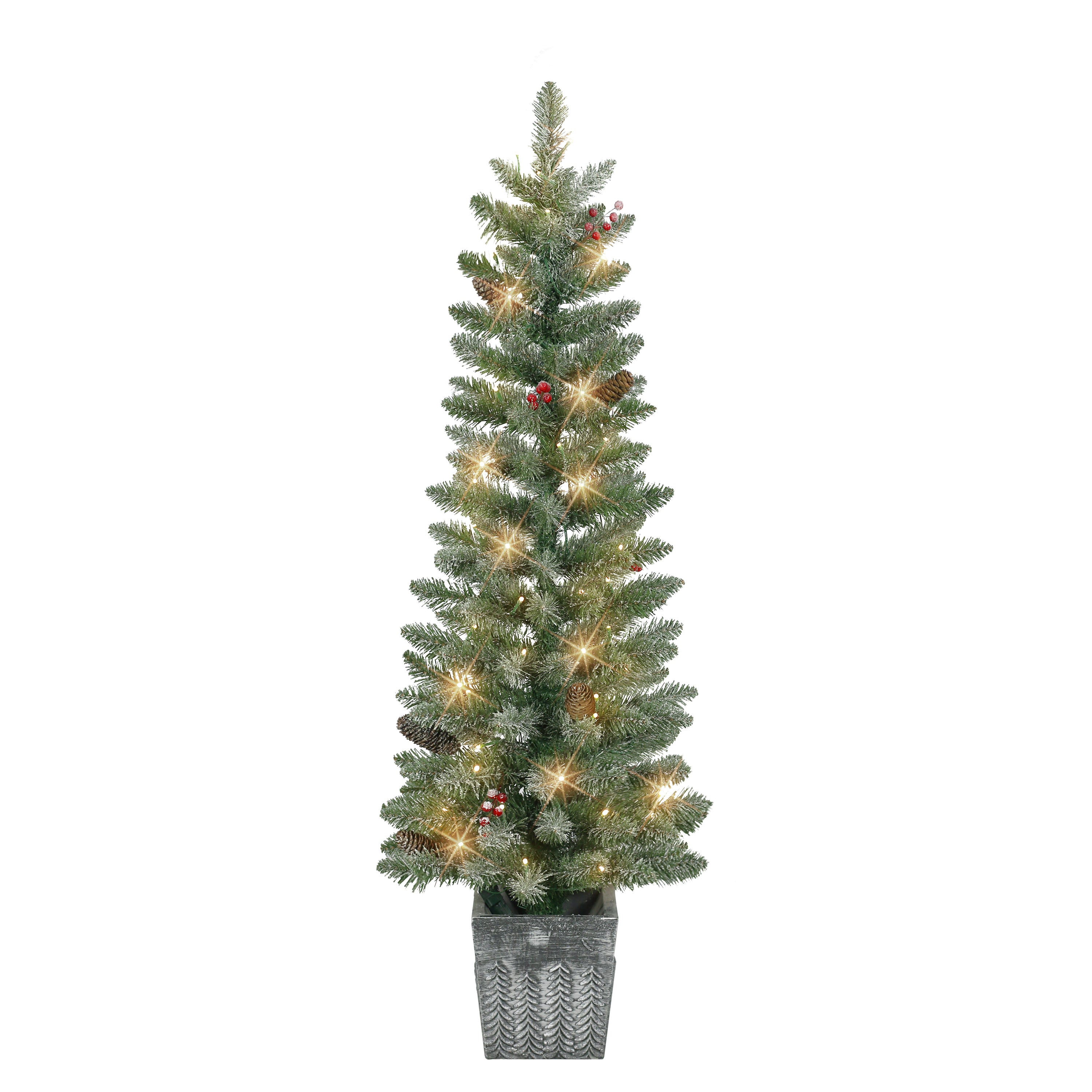 Set of 2 4 ft Pre-Lit Flocked Potted Trees with Battery-Operated Timer 3667-ST40LW05A-2-BO